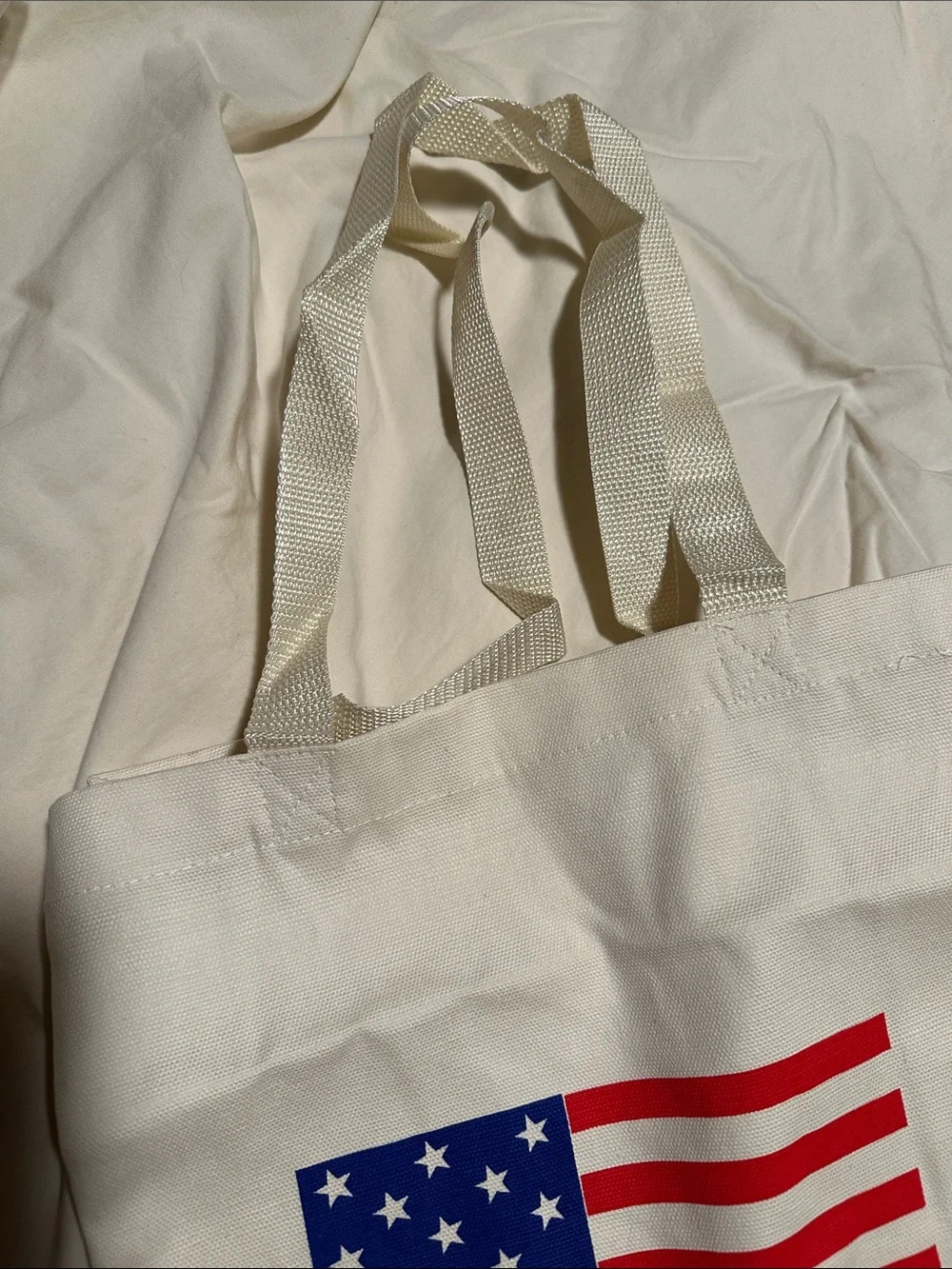 Patriotic Canvas Tote Bag in White with Flag Print